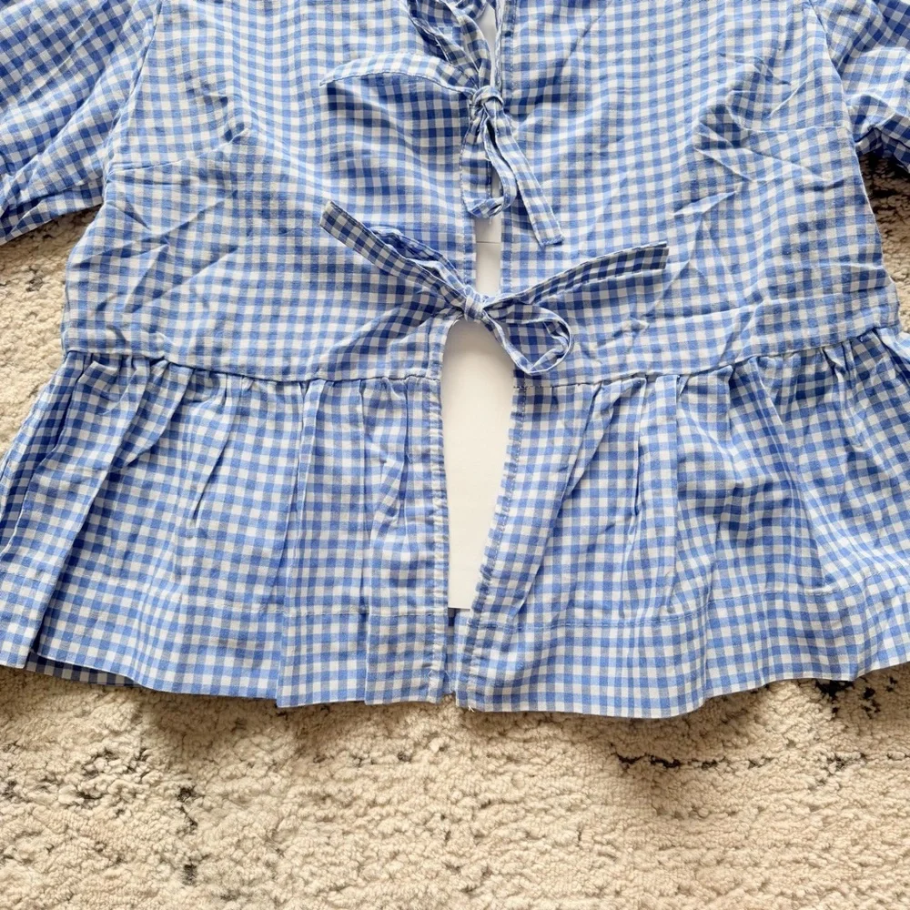 NWOT-Woman’s Blue Plaid Gingham Babydoll Top w/ Tie Front Short Puff Sleeves - Picture 8 of 14